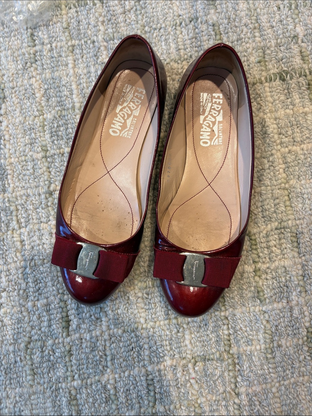 Salvatore Ferragamo Burgundy Patent Vara Bow Flats